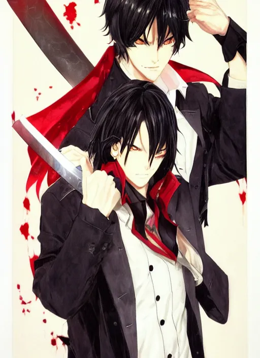 Image similar to portrait by shigenori soejima, handsome male vampire, focus on face, sword holster, long black hair, dark blue shirt, light brown coat, red eyes,