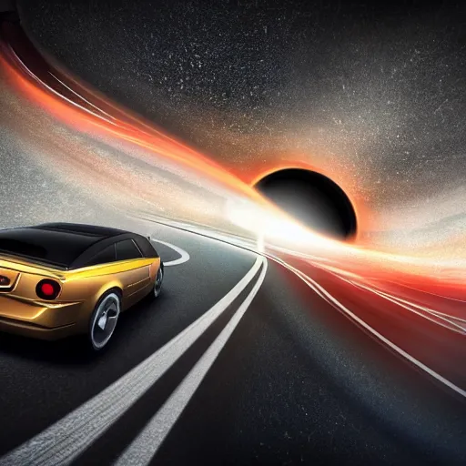 Image similar to car go through a black hole, photorealistic, realistic, dramatic, cinematic, photography