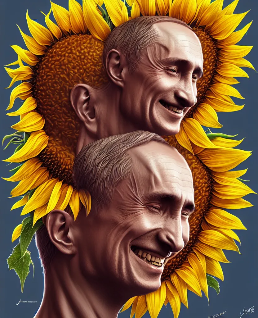 Image similar to digital art, centered full body of young any old Putin smiling king, Sunflower crown, ,intricate, veins, by James Jean and by artgerm , by ross tran ultradetailed, charachter design, concept art, trending on artstation,