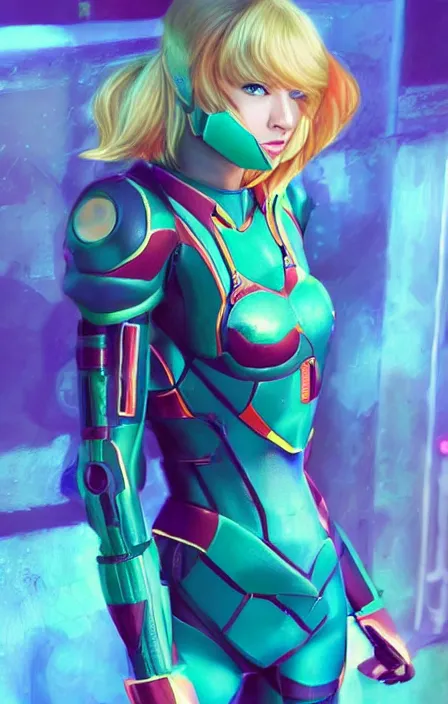 Prompt: Taylor Swift Cosplaying Samus Aran, Samus Aran Fanart, intricate abstract, modeling, posing, photorealistic lighting, vibrant colors, gta 5 skin tone, Artgerm Beeple deviantart