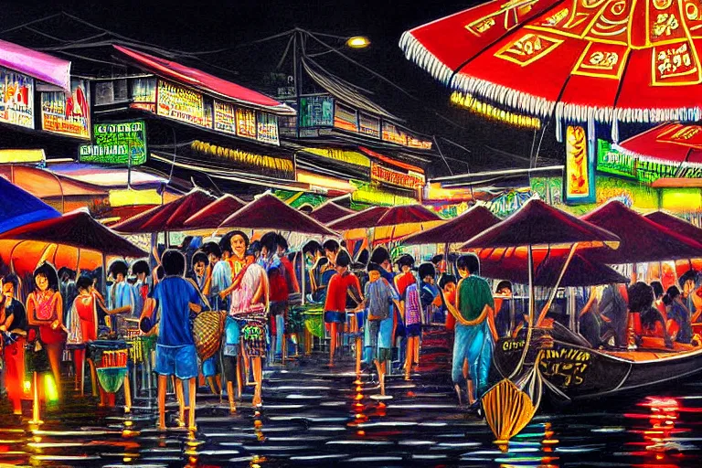 Prompt: detailed painting of Thai river night market, Bangkok, gothic style, deep strokes, high quality