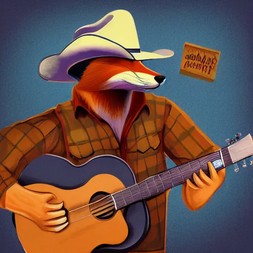 Image similar to a fox animal, wearing cowboy hat, wearing plaid shirt, playing guitar, in barn, album cover style, artstation