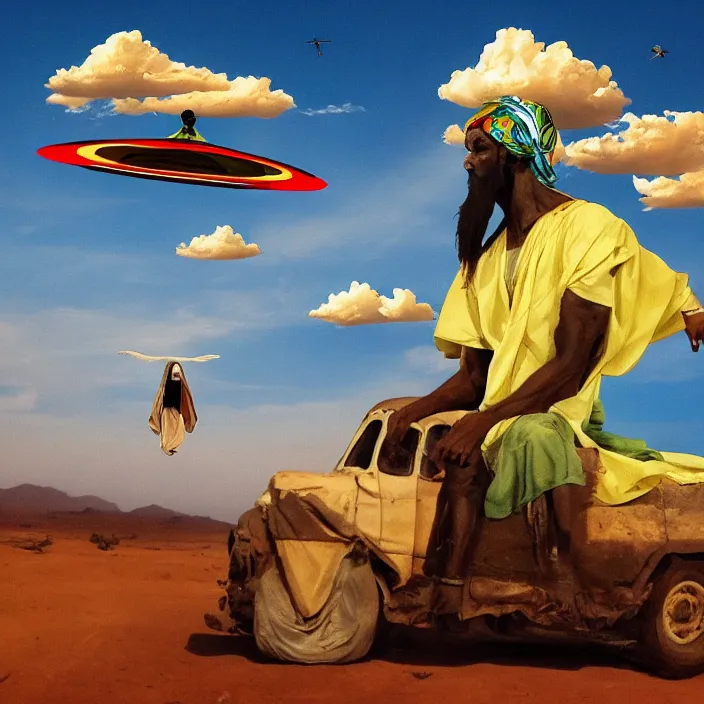 Image similar to UFO hovering over an African Jesus , clouds, in the style of Nigerian truck art (Eagle & Snake, Kano),