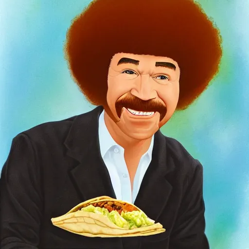 Prompt: bob ross eating a taco, portrait,