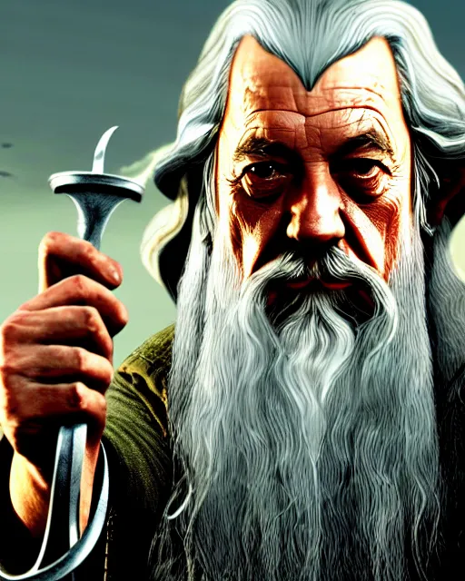 Prompt: Gandalf the gray from Lord of the rings in GTA V loading screen, GTA V Cover art by Stephen Bliss, boxart, loading screen,