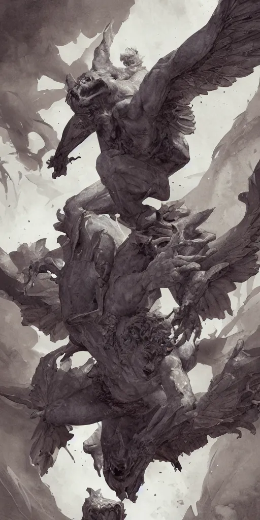 Image similar to highly detailed beautiful photography of flying gargoyle with human face, sharp focus, dynamic lighting, elegant, harmony, beauty, masterpiece, by riccardo federici, by james jean, by craig mullins, by lois van baarle, by makoto shinkai, by greg tocchini, by greg rutkowski, illustration, ink draw, pen, blue background