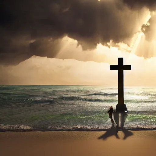 Prompt: a highly detailed vector render of a large cross standing on the beach as a storm comes in with the tide, a beautiful blonde woman sitting in the sand watching the ocean, epic fantasy, god rays, rocky beach, aerial photography, volumetric lighting, octane render, exquisite detail, 8 k, art by hayao miyazaki and albert bierstadt and alphonse mucha