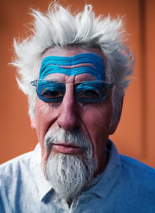 Image similar to portrait photo still of real life rick sanchez, 8 k, 8 5 mm, f. 1 4