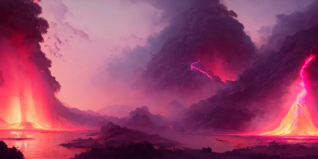 Prompt: a pink volcano flowing through the streets of a ancient greek city, extremely detailed digital painting, in the style of fenghua zhong and ruan jia and jeremy lipking and peter mohrbacher, mystical colors, rim light, beautiful lighting, 8 k, stunning scene, raytracing, octane, trending on artstation