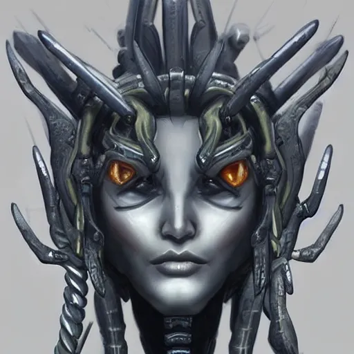 Image similar to a mech version of asian medusa bust, with a septum nose ring, sultry cruel eyes, very symmetrical, highly detailed, by vitaly bulgarov, by joss nizzi, by ben procter, by steve jung, concept art, quintessa, metal gear solid, transformers cinematic universe, concept art world, pinterest, artstation, unreal engine