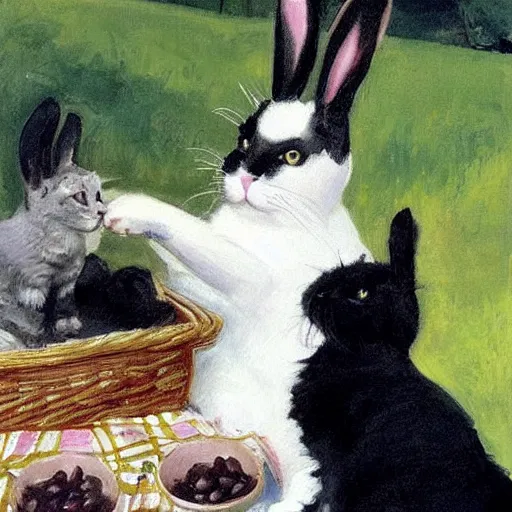 Prompt: a cat cat with black fur having a picnic with a (bunny), the (bunny) has pink fur, the cat is drinking tea, highly detailed, painted by John Singer Sargent