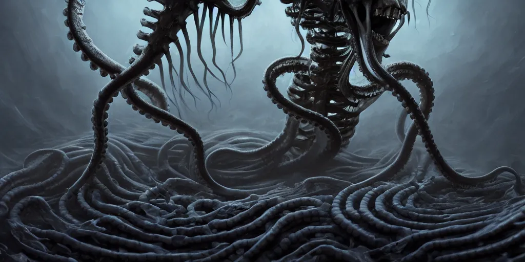 Image similar to a human skeleton slowly transforming into a tentacle monster, matte oil painting, concept art, dnd, clear, crisp, sharp, bones, eldritch, award - winning, extremely detailed, 4 k, 8 k