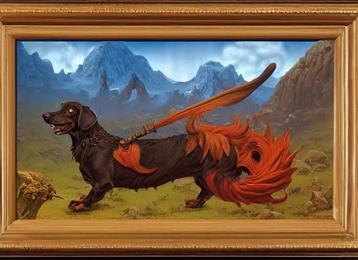 Prompt: Highly detailed oil painting of a dachshund balrog, intricate artwork by Angus McBride, John Howe, Matthew Stewart, Ted Nasmith, heroic fantasy