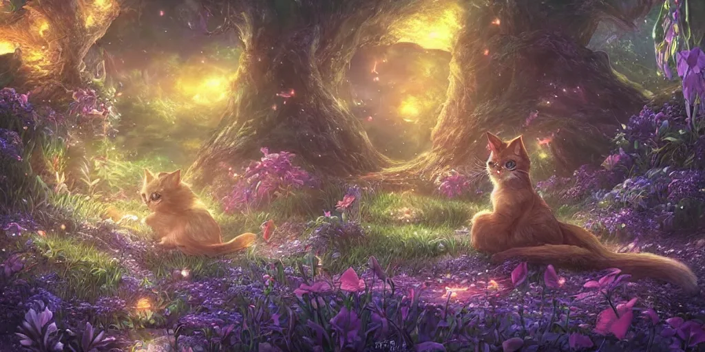 Image similar to final fantasy visual of a cat in a magical fantasy garden at night, moonlight, fireflies glowing, lofi feel, magical, highly detailed, digital art, artstation, smooth, hard focus, illustration, art by artgerm - in the style of final fantasy and studio ghibli