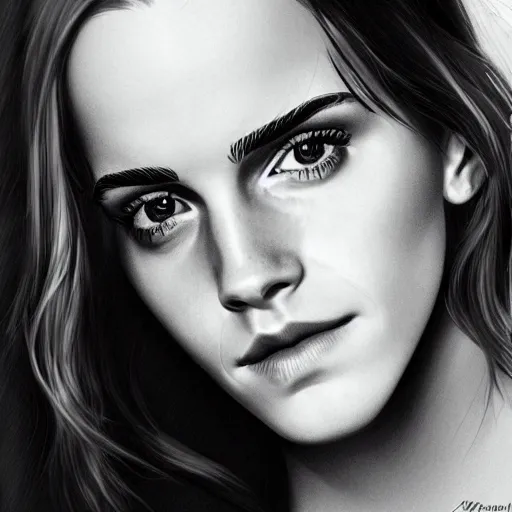 Image similar to portrait of emma watson staring at you, beautiful, long hair, eye contact, slight smile, high detail, vivid colors, navy background, artstation