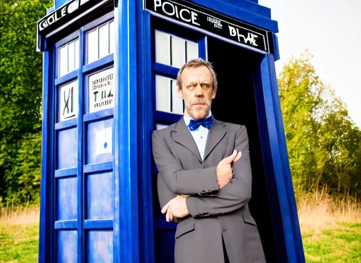 Image similar to dslr photo portrait still of hugh laurie as doctor who in front of the tardis at golden hour, 8 k, 8 5 mm f 1. 4