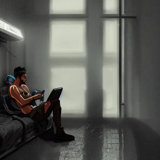 Image similar to a man sitting in the bed of a cyberpunk prison cell, gray digital paiting, artstation