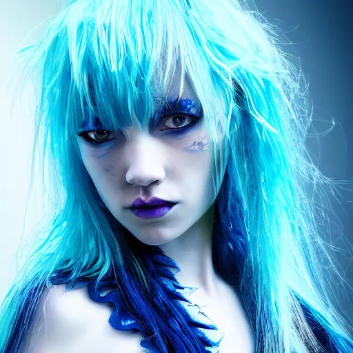 Image similar to portrait of young girl half dragon half human, dragon girl, dragon skin, dragon eyes, dragon crown, blue hair, long hair, highly detailed, By David Lynch