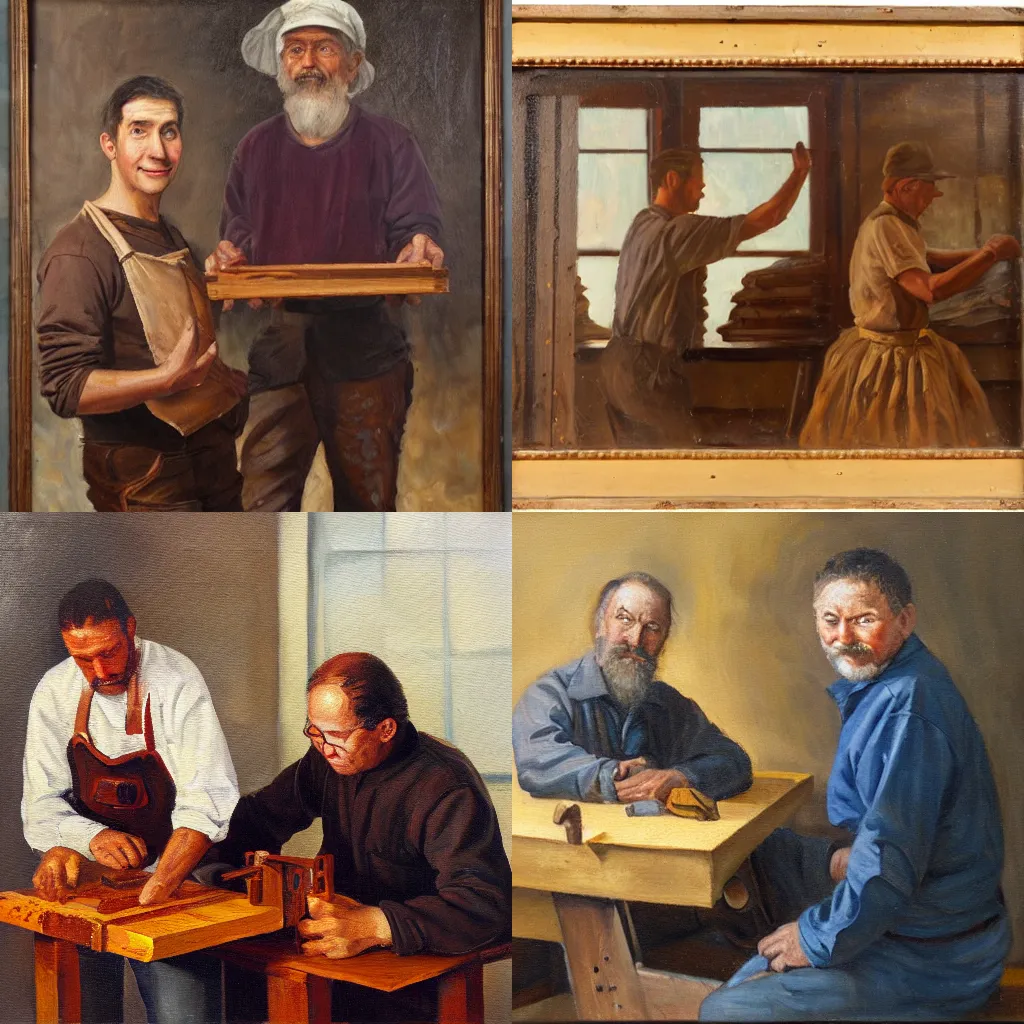 Prompt: an oil painting of two woodworkers