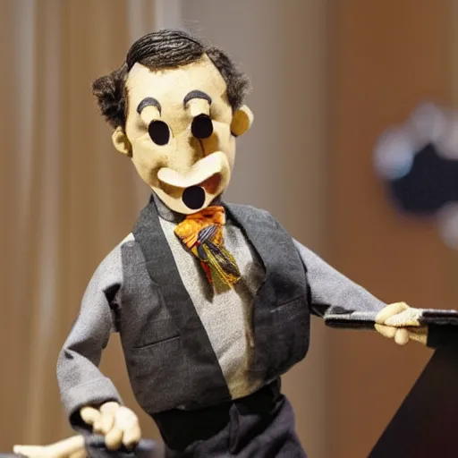 Prompt: puppeteer using marionette of a president in a podium