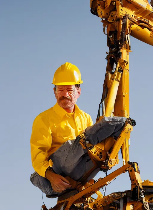 Prompt: closeup portrait of mecha bryan cranston with construction crane spider legs, yellow hardhat, natural light, bloom, detailed face, magazine, press, photo, steve mccurry, david lazar, canon, nikon, focus