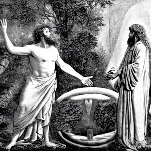 Image similar to candid photo of a druid wearing white linen robes casting a magical circle while speaking to a satyr, photo from 8 4 7 bc