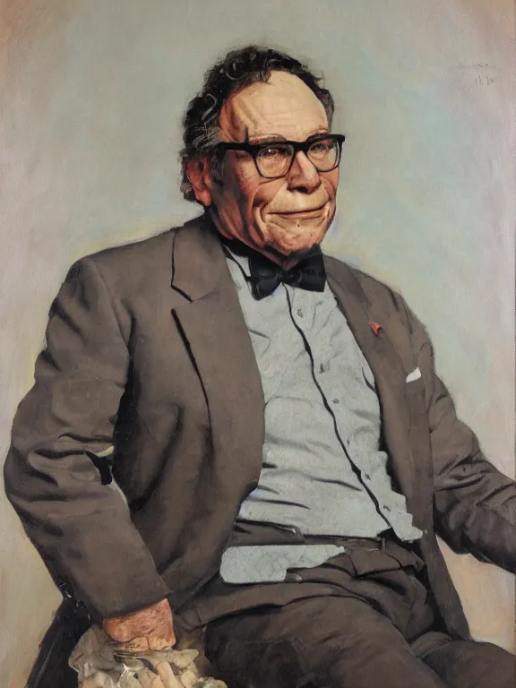 Image similar to portrait of isaac asimov, in a style blend of norman rockwell and frederick remington and mort kunstler, oil painting, volumetric lighting, intricate details