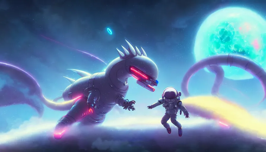 Prompt: a still of a cute kawaii astronaut android riding a large neon kaiju dragon, nebulous background of dynamic space, a dramatic composition by wlop and greg rutkowski and makoto shinkai and studio ghibli and kyoto animation, highly detailed, digital painting, matte