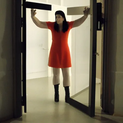 Prompt: portal door performance presentation by marina abramovic