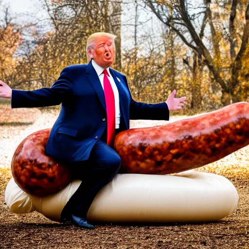 Image similar to Donald Trump riding a humanoid sausage, Canon EOS R3, f/1.4, ISO 200, 1/160s, 8K, RAW, unedited, symmetrical balance, in-frame