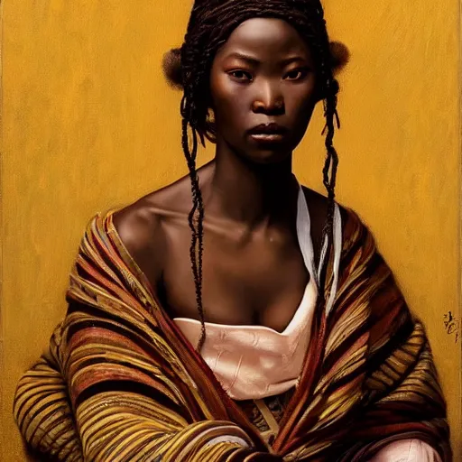 Prompt: highly detailed oil painting | very intricate | cinematic lighting | award - winning | the african geisha in an exquisite himba kimono | by roberto ferri, by tom bagshaw, by j. c. leyendecker and klimt, beautiful cinematic light, american romanticism, by austin osman spare, artstation, cgsociety, official art, octane