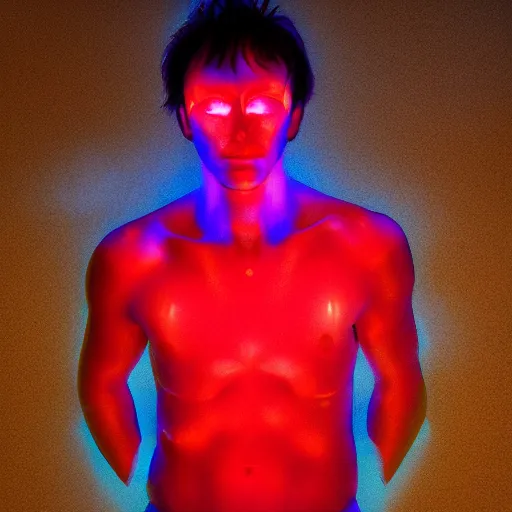 Image similar to a male potrait, glowing, frontal view, cool looking, high resolution
