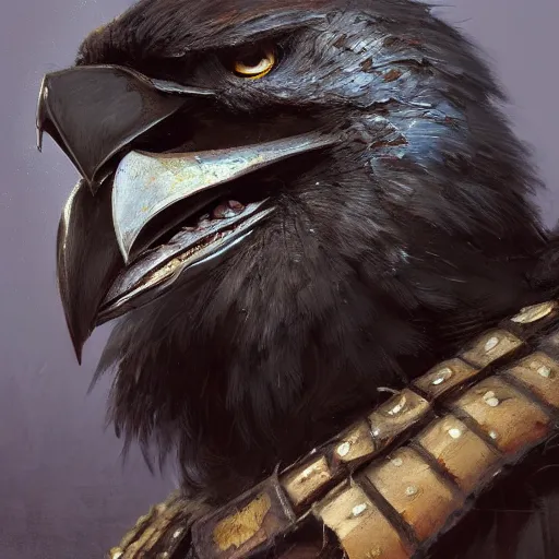 Prompt: detailed portrait of an ancient crow dressed with a wooden armor, by justin gerard and greg rutkowski, digital art, realistic painting, dnd, dungeons & dragons, character design, trending on artstation