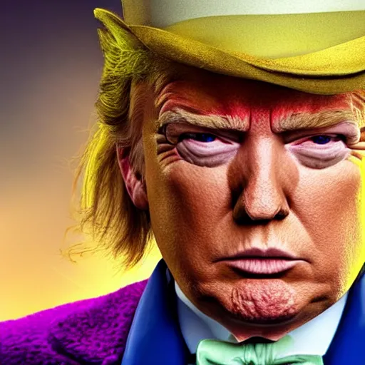 Image similar to portrait of donald trump as willy wonka in, fantasy, splash art, movie still, detailed face, photorealistic facial features, cinematic lighting, dramatic, octane render, long lens, shallow depth of field, bokeh, anamorphic lens flare, 8 k, hyper detailed, 3 5 mm film grain