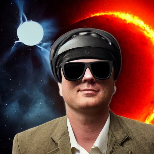 Prompt: a person wearing sunglasses that reflect a nuclear explosion