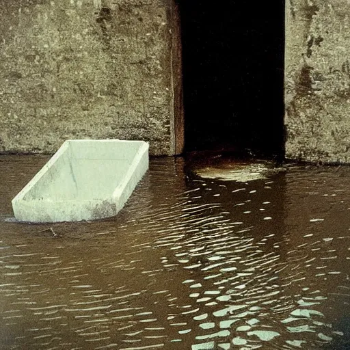 Image similar to The painting shows a grave that has been flooded with water. The grave is located in a cemetery in Italy. The water in the grave is dirty and there is trash floating in it. The grave is surrounded by a fence. by Paul Strand, by Gabriel Dawe curvaceous