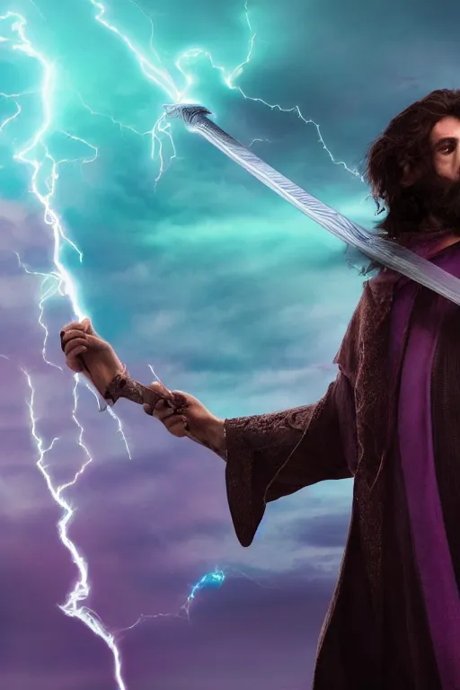 Image similar to hyper realistic mystical wizard holding a sword that’s pointed towards the sky, sword is getting shocked by purple lightning, wizard is levitating over a lake, reflection, octane, trending on artstation, hyper realistic, highly detailed, 8k