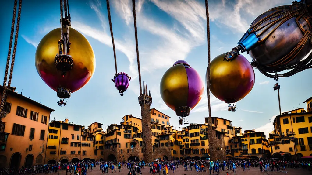 Prompt: large colorful futuristic space age metallic steampunk steam - powered balloons with pipework and electrical wiring around the outside, and people on rope swings underneath, flying high over the beautiful medieval florence city landscape, professional photography, 8 0 mm telephoto lens, realistic, detailed, photorealistic, photojournalism