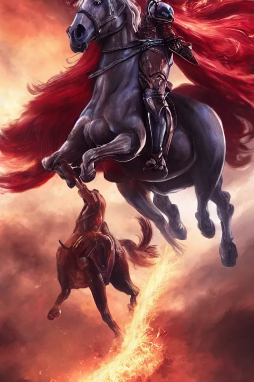 Image similar to the first singular horseman of the apocalypse riding a red stallion, horse is up on it's hindlegs, the rider carries a large sword, flames from the ground, artwork by artgerm and rutkowski, breathtaking, dramatic