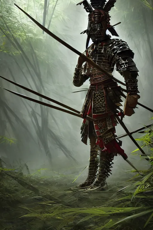 Prompt: an epic samurai in full armor in a mysterious japanese bamboo forest with light shafts, by jesper ejsing and maciej kuciara, ultra realistic, concept art, intricate details, highly detailed, photorealistic, octane render, 8 k, unreal engine