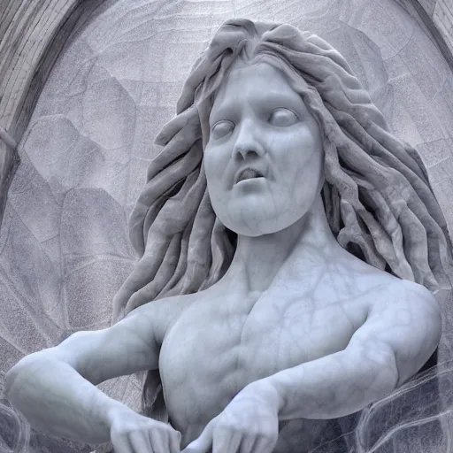 Image similar to a delicate renaissance evil marble sculpture covered with water veil, highly detailed transparent marble cloth, gi, global illumination, physically based rendering, photorealistic, top light, dark background