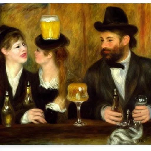 Prompt: having some beers in brewery by pierre - auguste renoir