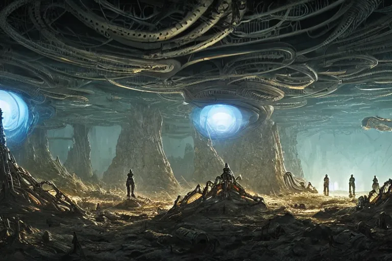 Prompt: Epic science fiction cavescape. In the foreground is soldiers in battle-armor searching, in the background alien machinery and alien eggs. An abandoned alien spaceship is between them. Stunning lighting, sharp focus, extremely detailed intricate painting inspired by H.R. Giger and Simon Stalenhag