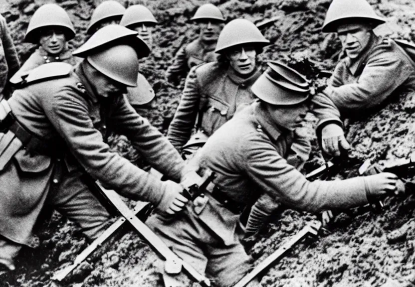 Prompt: detailed photo of queen elizabeth ii fighting in the trenches in ww 1
