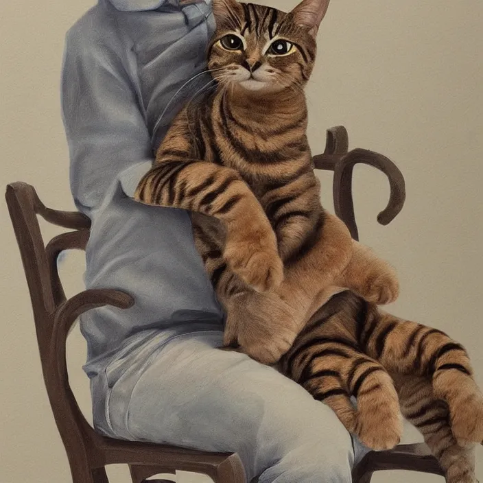 Image similar to a highly detailed painting of an animorphism cat sitting in chair petting a small bald human on his lap, 8k, trending on artstation