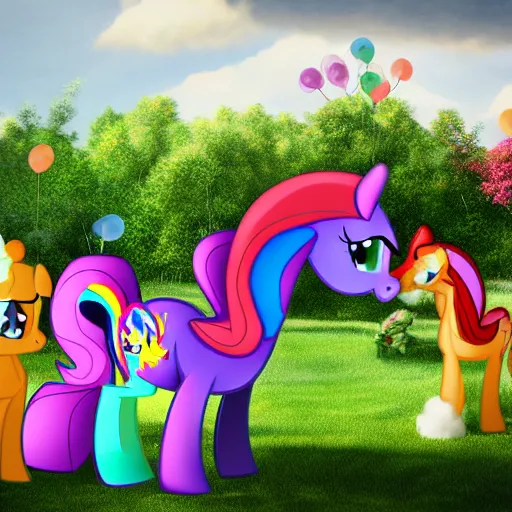 Prompt: (my little pony) giving rides to children at a birthday party in the city park. balloons, cake, presents, crazy, road trip, havoc, 8K, 4K, digital art