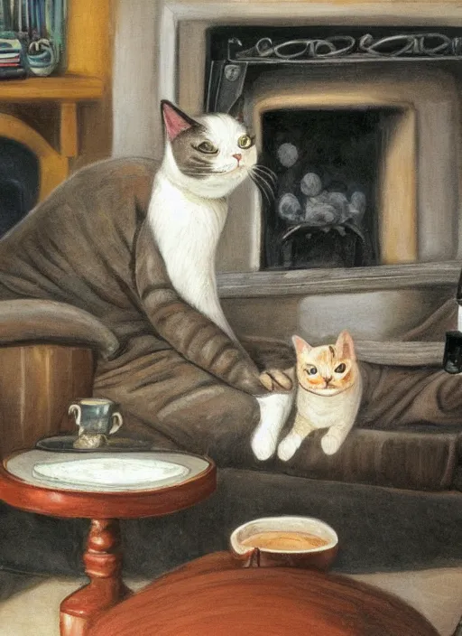 Image similar to A humanoid cat at home in a bathrobe and slippers with a cup of coffee next to the fireplace, Kenneth Grahame, 8k, hd