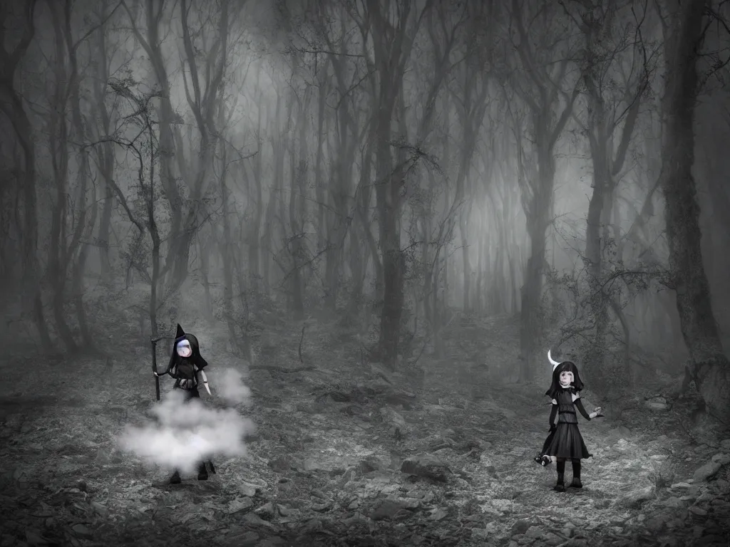 Image similar to cute gothic fumo plush witch girl ventures deep into the forbidden forest, black and white, volumetric fog and smoke, the bog of dark abyss, vray