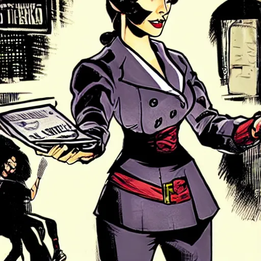 Image similar to in the style of Rafael Albuquerque comic art, Elizabeth from Bioshock Infinite hiring a detective.