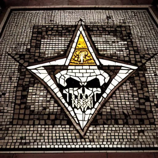 Image similar to looking within the dimly lit masonic temple, punisher symbol in the form of a masonic tile floor mosaic in the form of punisher symbol in spotlight